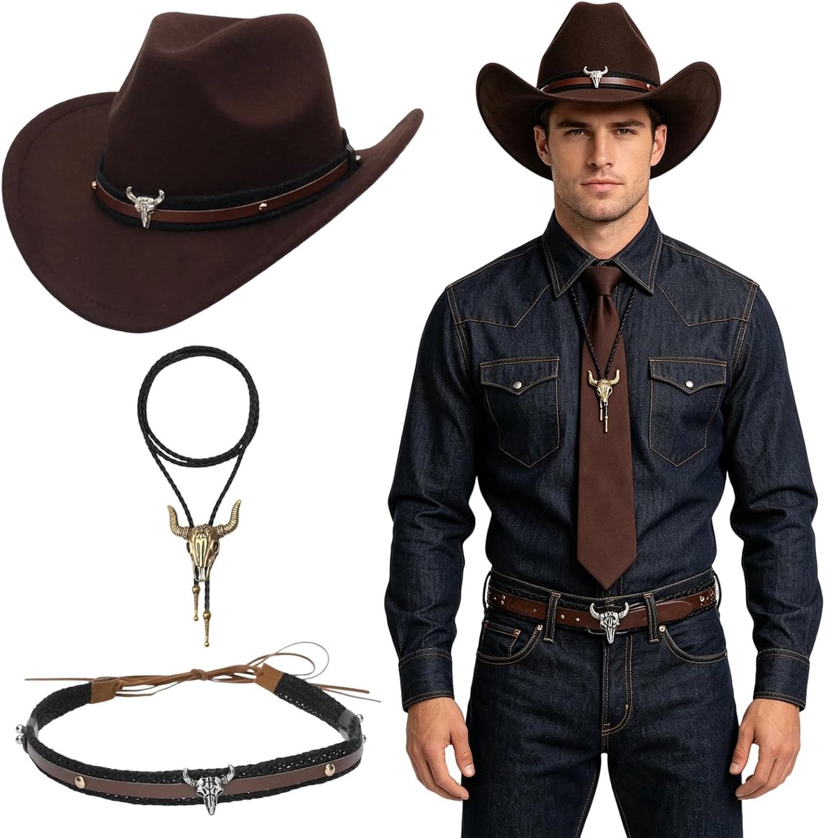 Cowboyhoed Set met Stierenkop Hanger Ketting en Hoedband,Western Kostuum voor Volwassenen | Westerse Feesten, Rodeo, Halloween en Carnaval