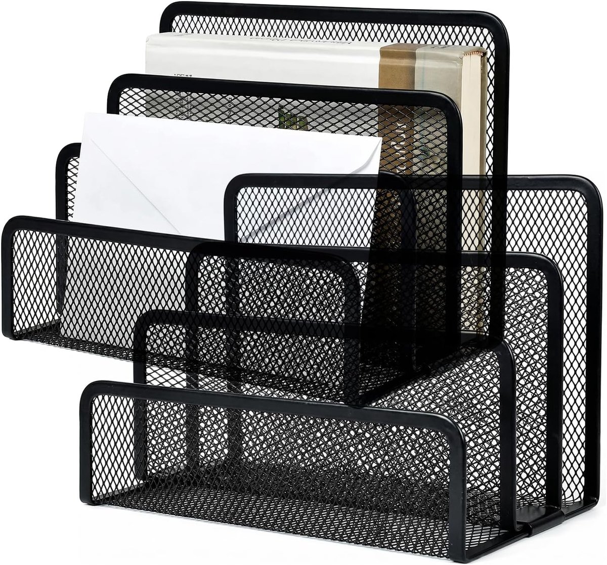 2 stuks brievenrek, metalen brievenhouder van gaas met 3 compartimenten, postorganisator voor brieven, ansichtkaarten en brochures, bureaubestandsorganizer voor school, woonkamer en kantoor (zwart)