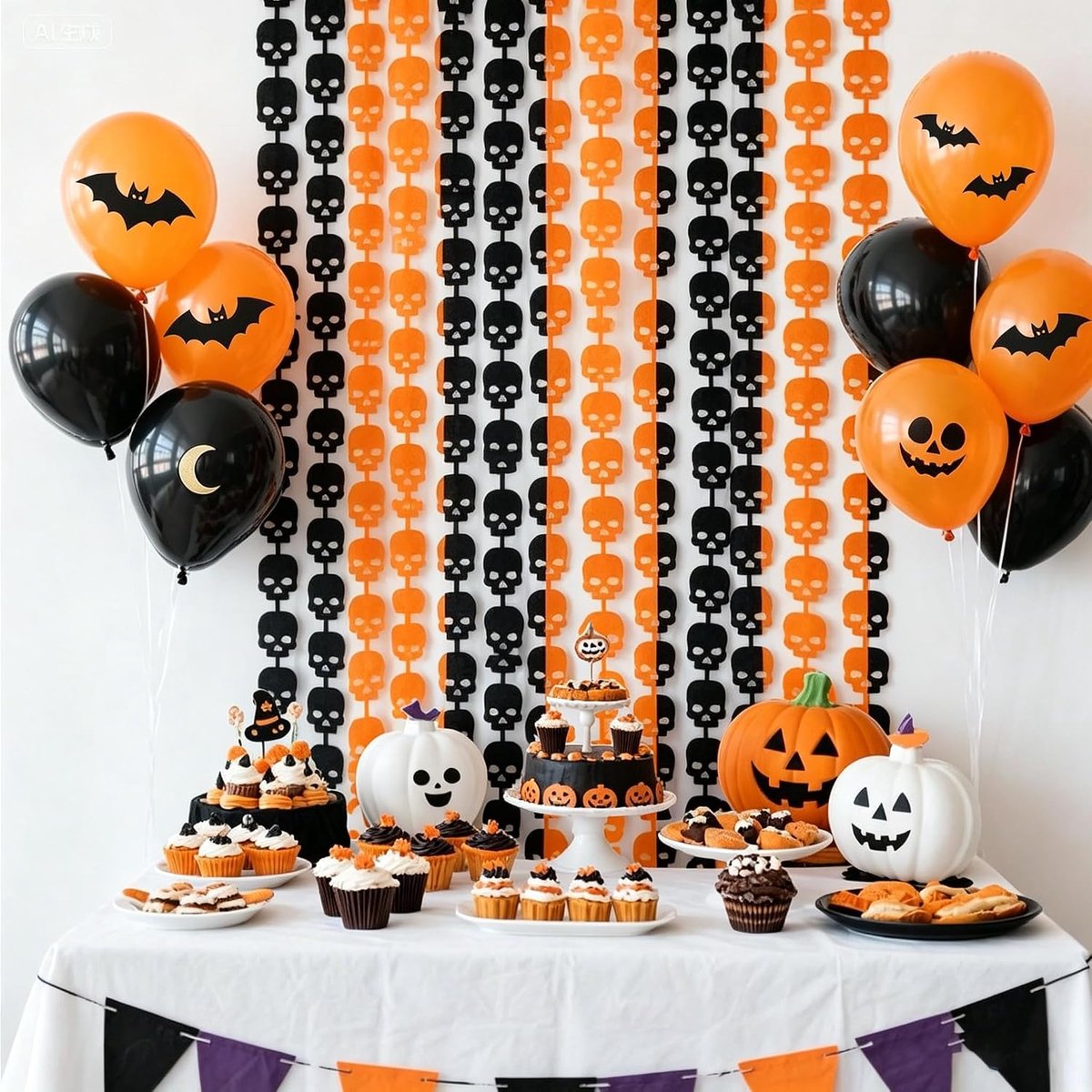 2 stuks set Halloween partij decoratie slip gordijnen-07 dubbele schedel | Halloween gotische muur achtergordijnen | Thanksgiving verjaardag bruiloft thema partij muur decoratie(1mx2m)