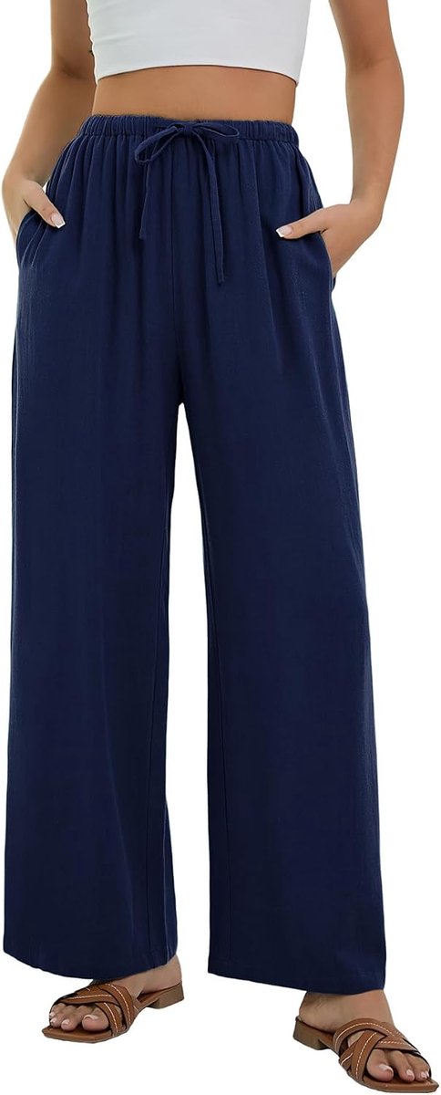 Linnen broek voor dames Zomer marineblauwe wijde broek Damesbroek met elastische taille Lichtgewicht palazzo broek met zakken voor strandvakantie M