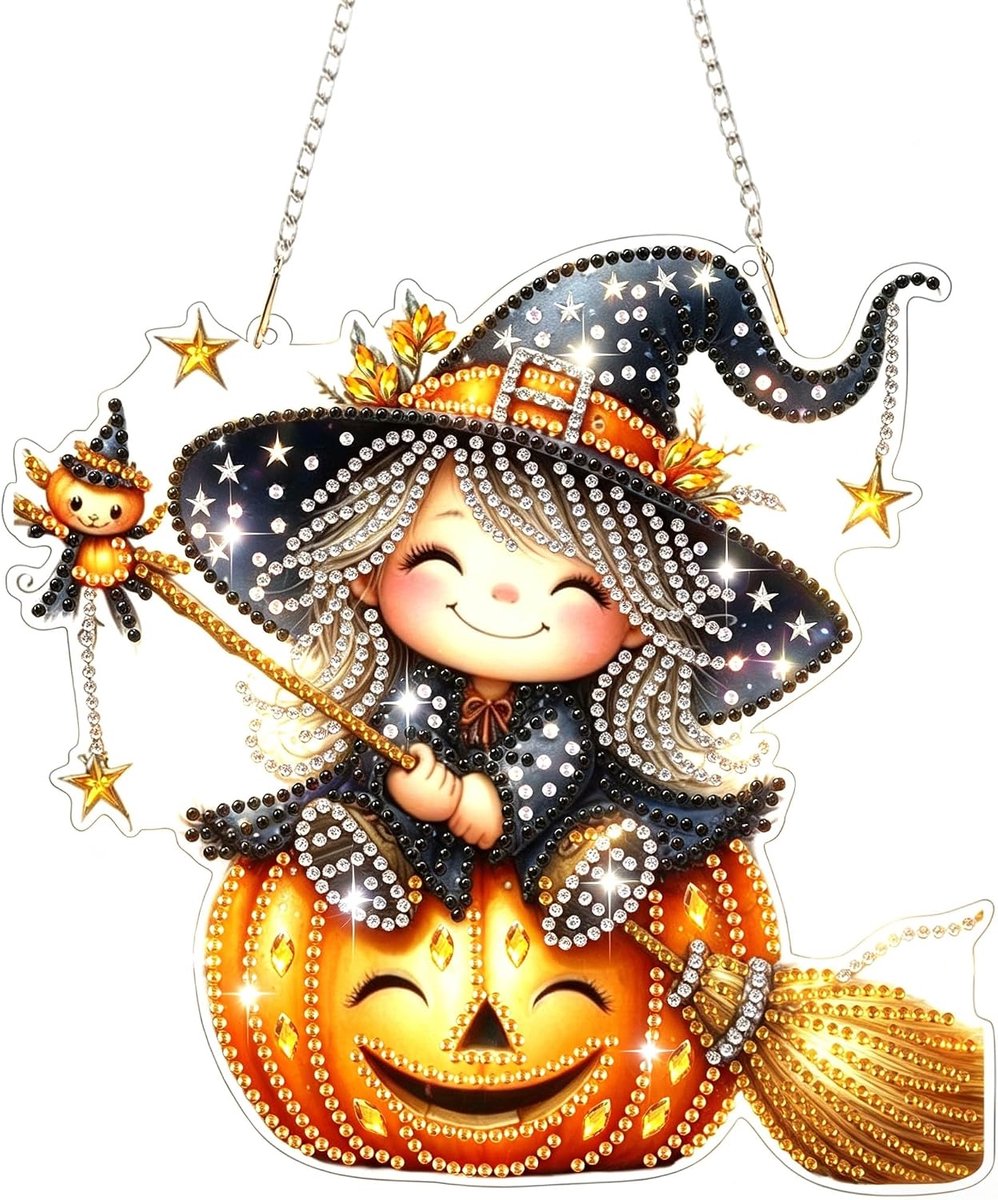 Halloween hangende diamant-pompoen & schattig meisje-hangerset voor volwassenen en kinderen, 5D schilderset voor beginners, doe-het-zelf edelstenen, knutselset voor thuis, tuin, wanddecoratie