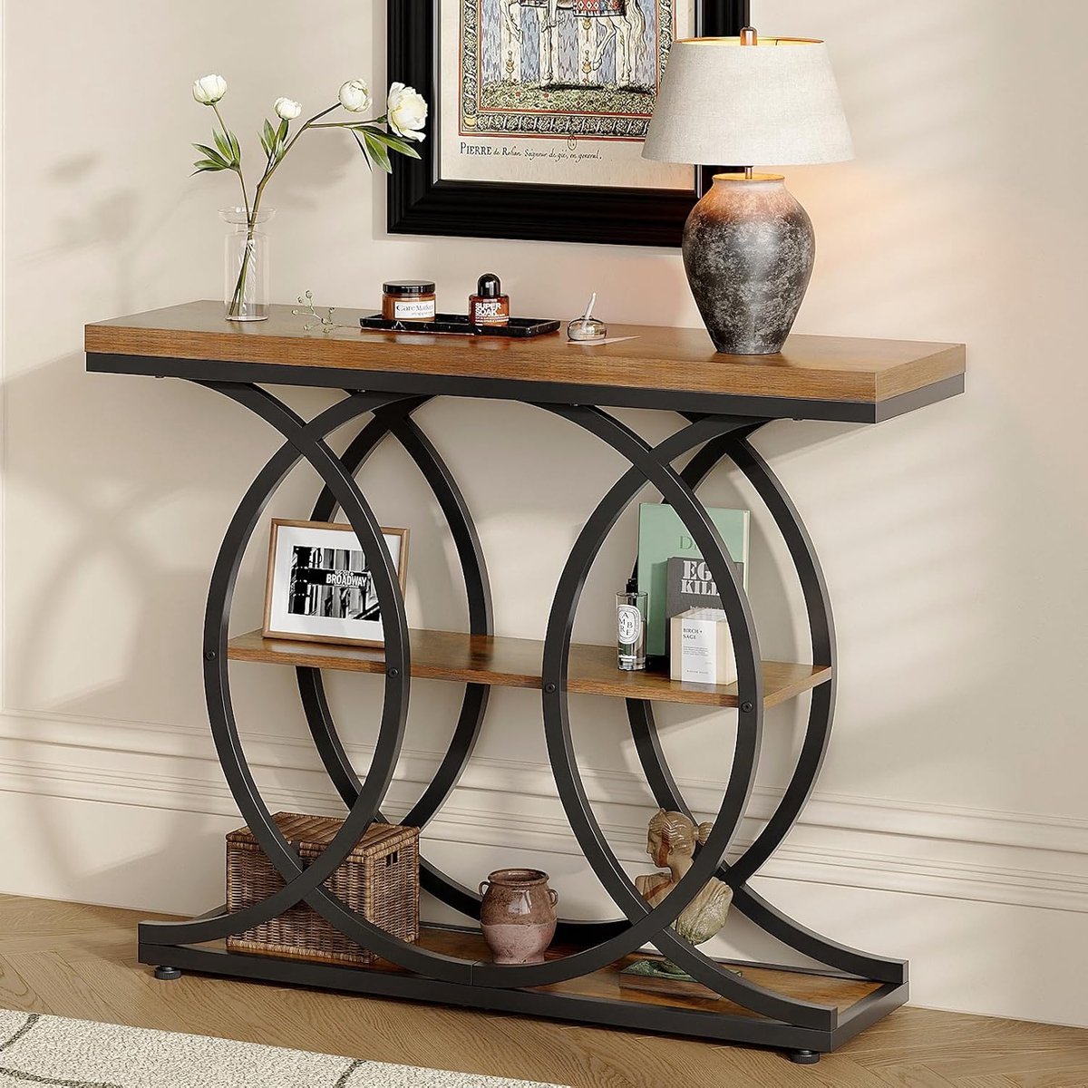 Smal consoletafel voor de gang 105x30, Industriële 3-laagse salontafel met ronde basis, houten accenttafel met opbergvakken voor woonkamer, gang, entree (Bruin)