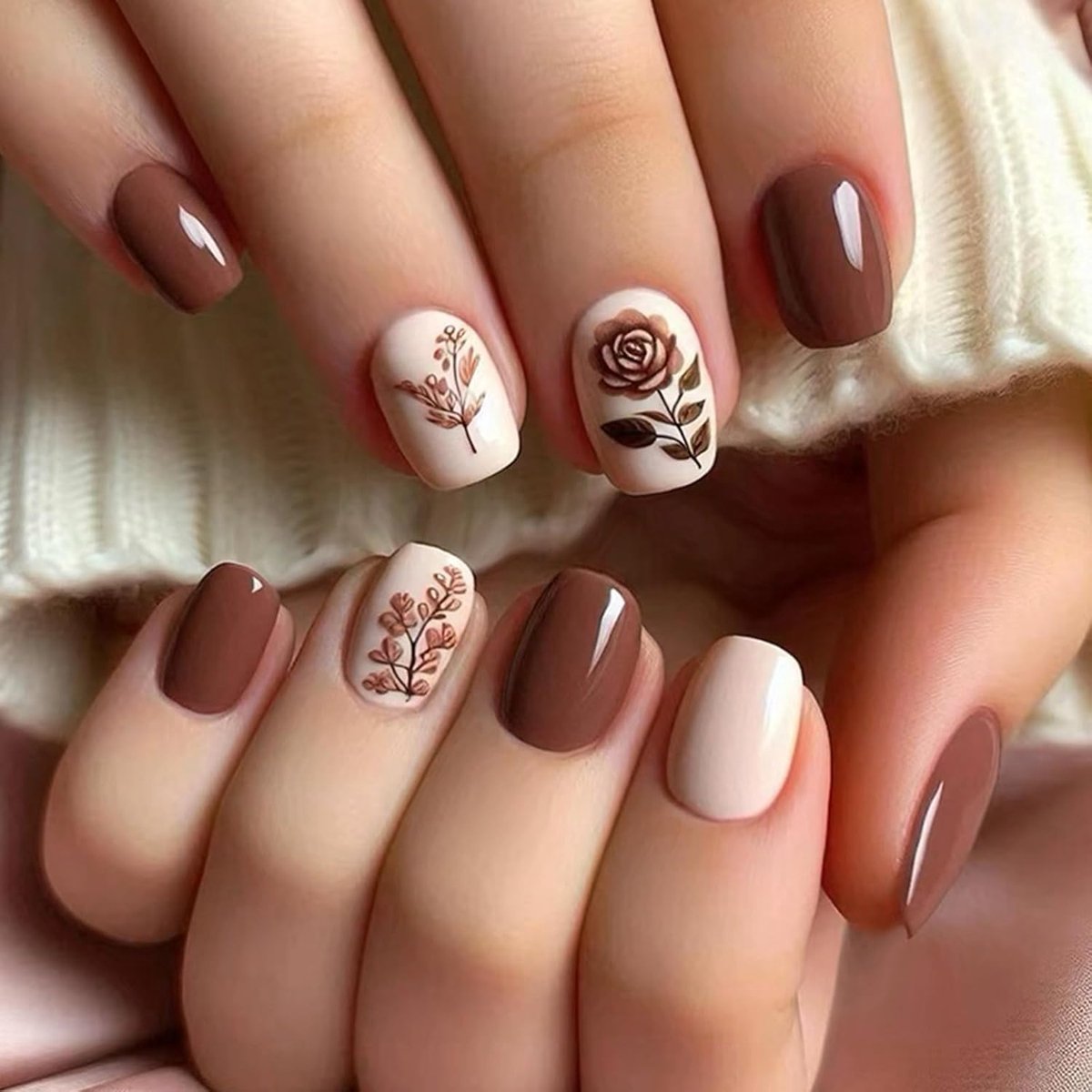 24 stuks korte vierkante druknagels, Franse nagels, roze bruin, kunstnagels, kit, zachte gel kunstnagels in 12 maten, zuivere kleurlijm op de nagels, herbruikbaar, acryl