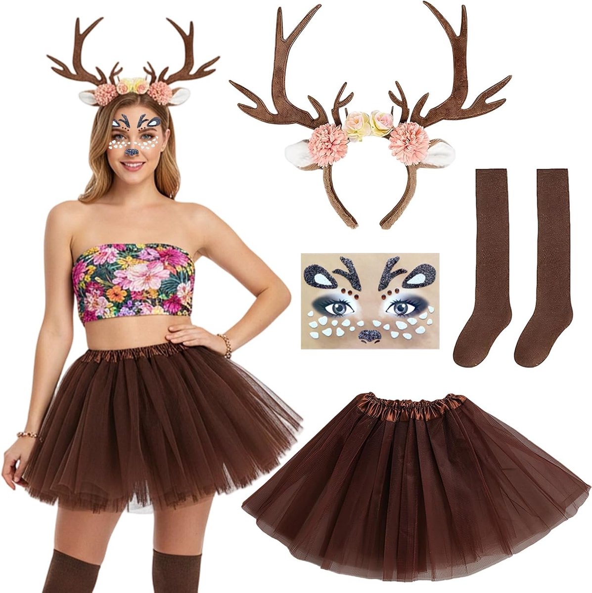 Hertenkostuum voor dames, rendierkostuum voor volwassenen, dames, met tule rok, bruin, gewei, haarband, sokken, gezichtsstickers, carnavalskostuums, herten, voor carnaval, feest