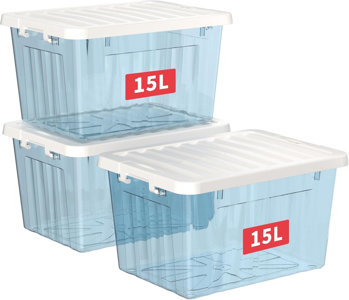 15L x 3 opbergdozen met deksels, plastic opbergdoos met veilige zijvergrendelingen, PP nestbare en stapelbare doorzichtige organizer voor thuis, kantoor, verhuizen, transparant blauw, 15L-3