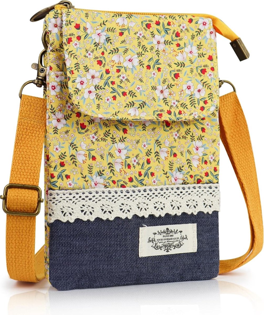 Floral Patroon Schoudertas voor Mobiele Telefoon met 3 Laag Pocket, Katoenen Handtas met Verstelbare Schouderriem voor Winkelen en Vrije Tijd