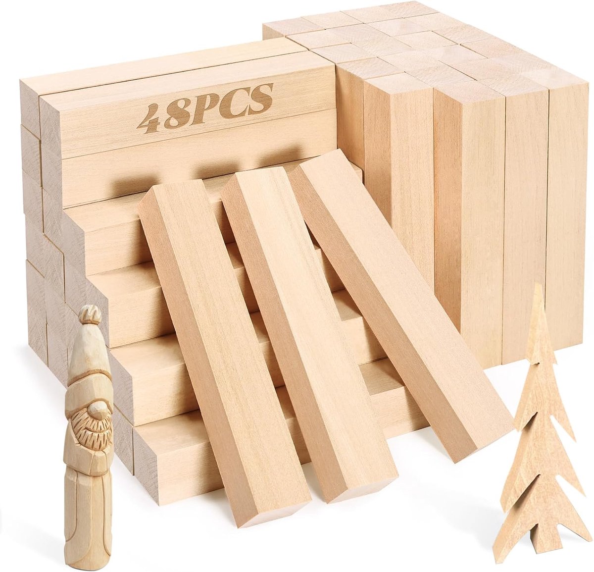 48 stuks houtsnijblokken van Basswood, 15 x 2,5 x 2,5 cm, zachte houtblokken voor eenvoudig snijden, houtblokken snijden - glad snijden, geen scheuren, gemakkelijk te schilderen