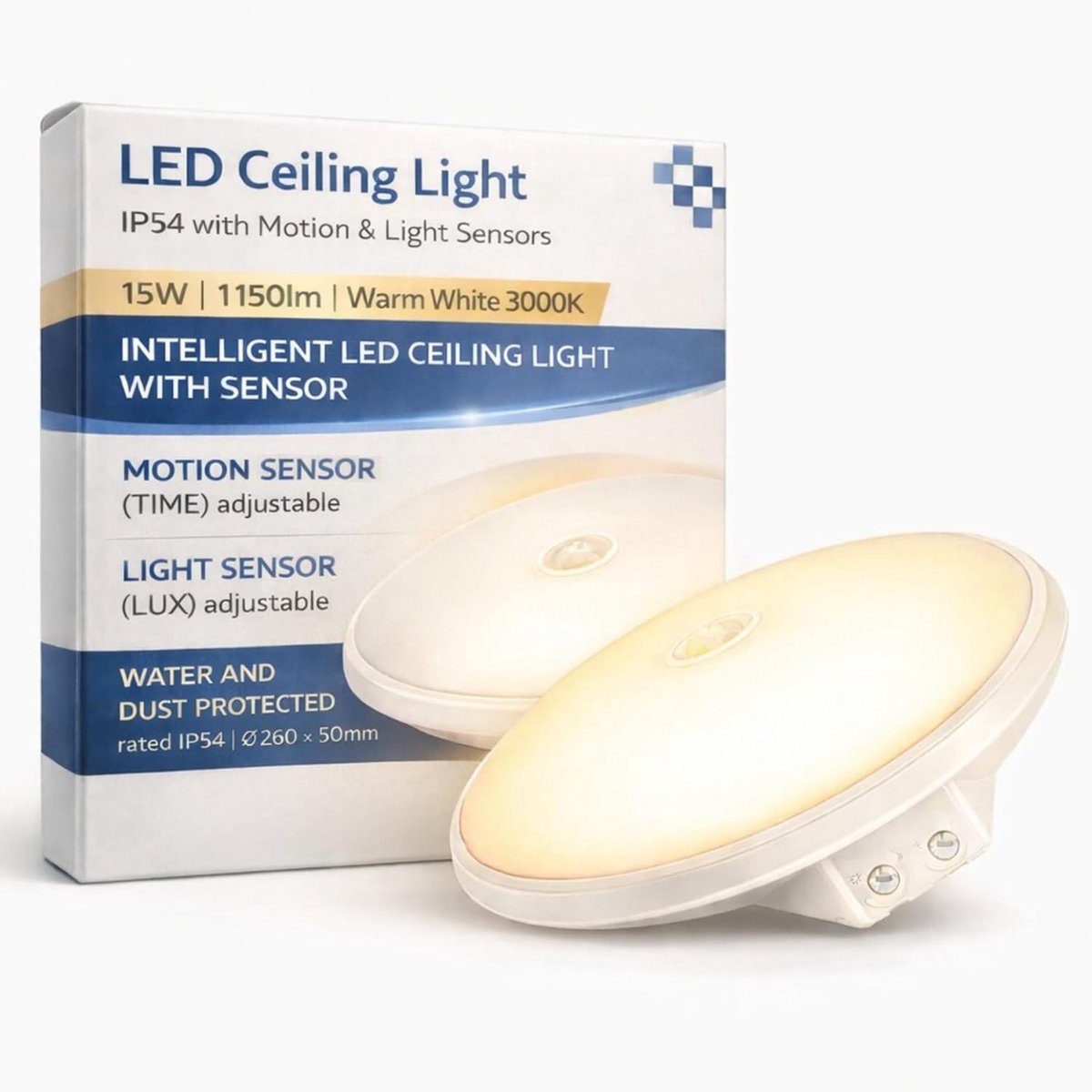 ADAKAT LED ceiling light 15W IP54 with motion detector, warm white 3000K - ShopVlot