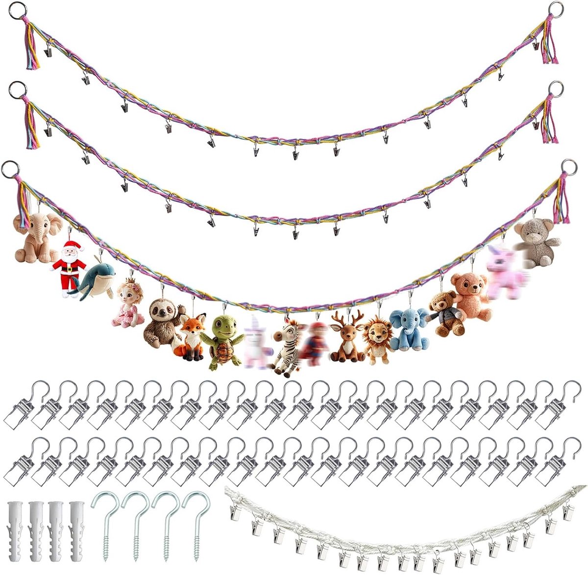 Hanggemonteerde Pluche Speelgoed Organizer met 40 Metalen Clips en Ring voor Knuffels, Sokken en Foto's - 2 Meter Katoenen Touw