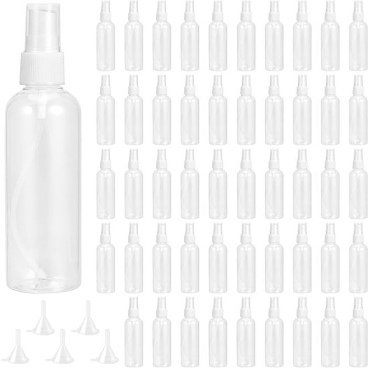 100 ml heldere plastic sprayflessen met deksels - 50 stuks - 5 trechters - fijne nevel