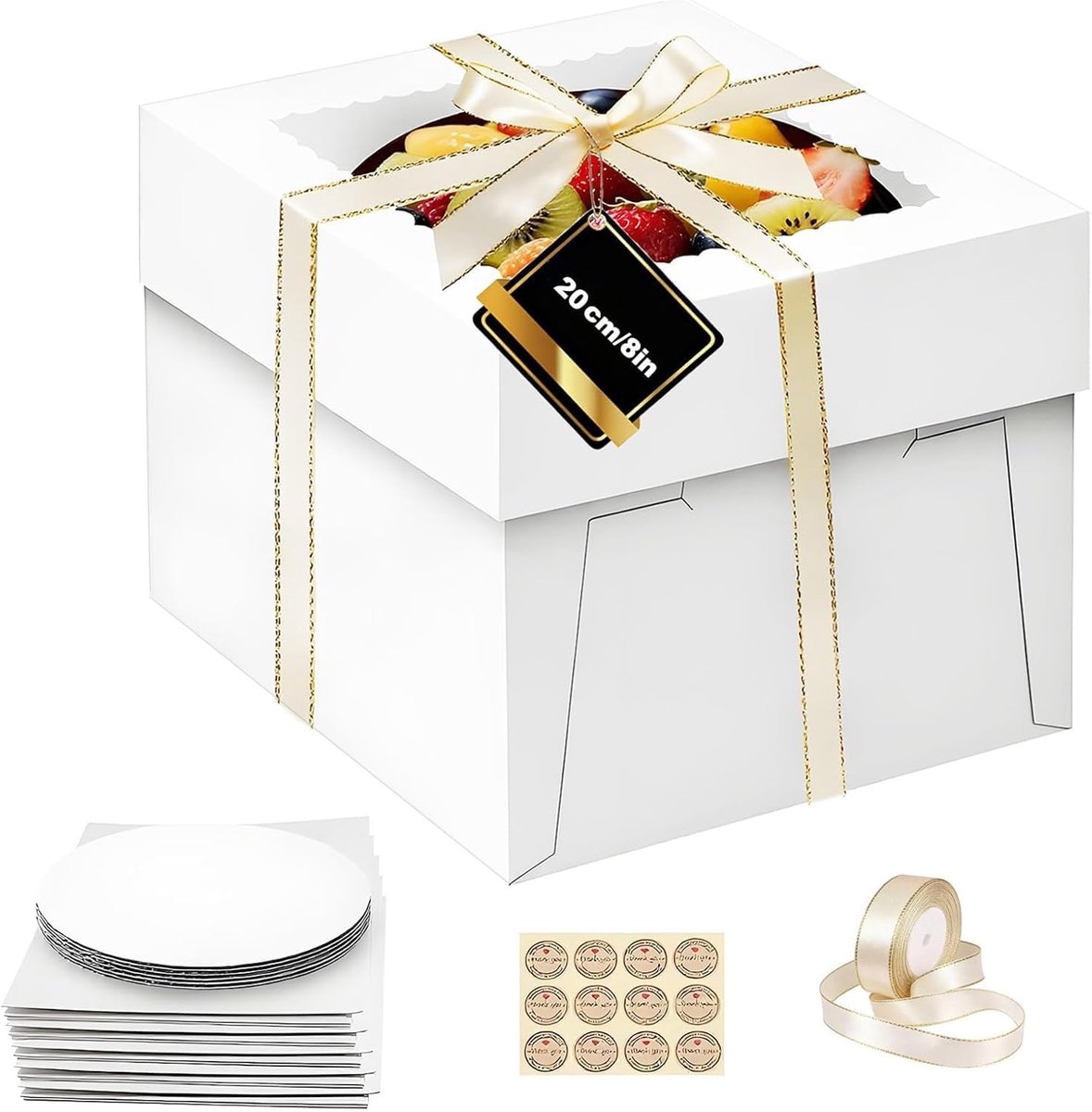 5 sets of cake transport box with viewing window 20 × 20 × 20 cm, including 5 cake plates, ribbon and stickers for - ShopVlot