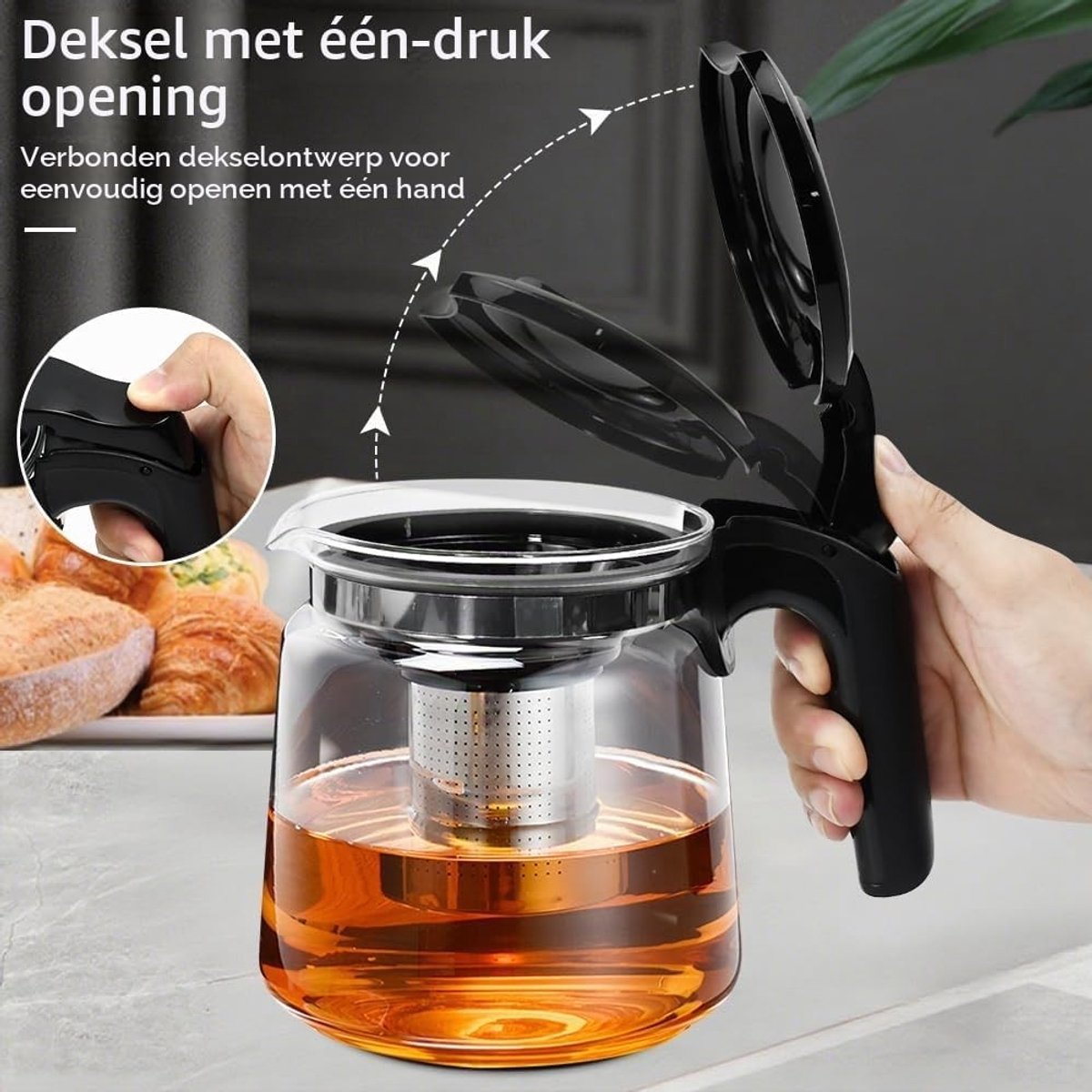 Stijlvolle glazen theepot van 1,5 liter met roestvrijstalen filter, ideaal voor groene, zwarte en kruiden thee — cadeau in Kookcadeaus - foto 4