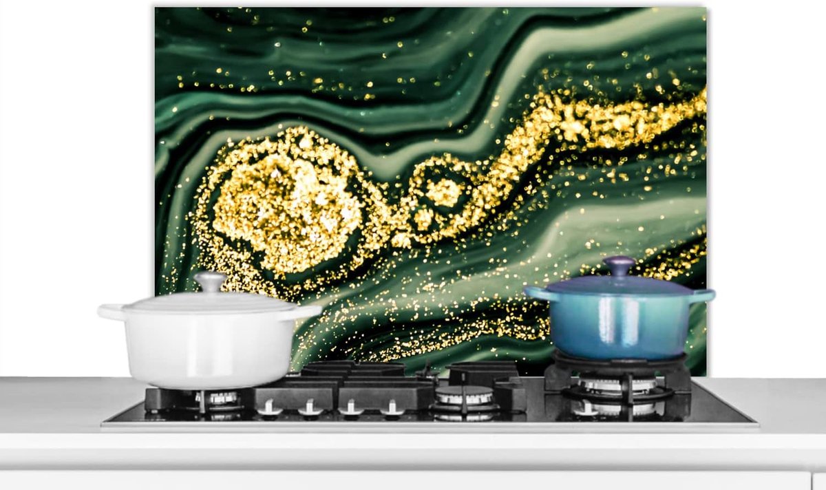 Spatscherm Keuken - 80x55 cm - Marmer - Goud - Glitter - Groen - Marmerlook - Luxe