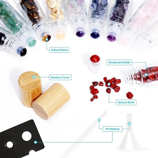 10 stuks 10 ml edelsteenrollerflesjes, proefflesjes met bamboedoppen, helende kristalchips erin voor etherische oliën, parfums, aromatherapie — afbeelding 2