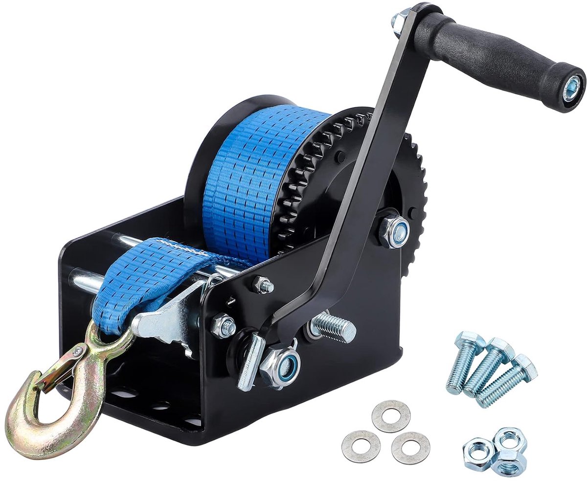 Handlier lier lier met 10 m polyester kabel, 1365 kg | 4:1 8:1, handmatige kabellier bootlier, incl. veiligheidslasthaak met veiligheidsklep - Blauw | Handmatige bootlier met handslinger, 2 versnellingen 4:1 8:1, voor aanhanger, boot, terreinwagen