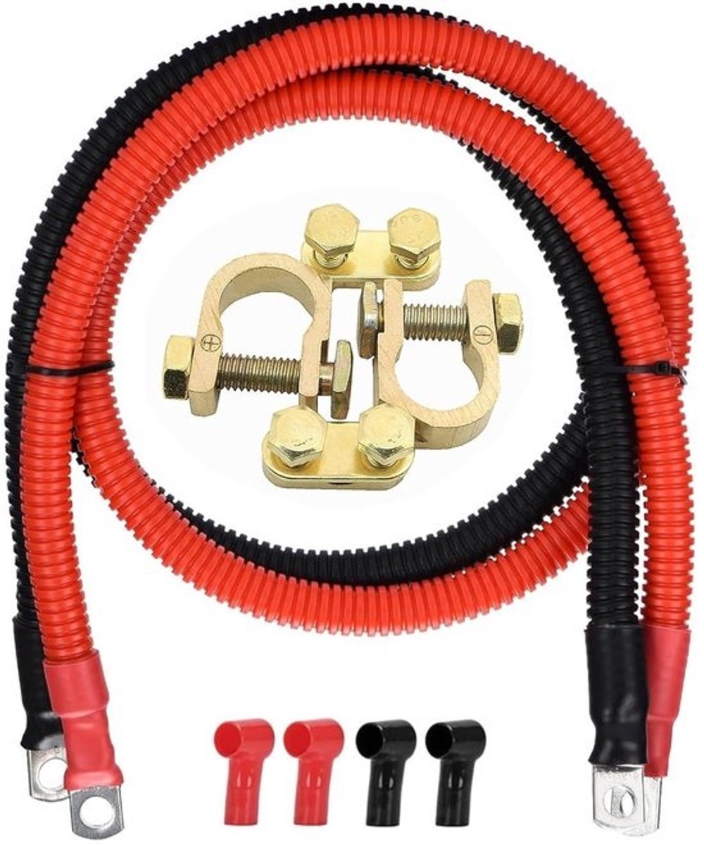 2 stuks batterijkabel met aansluitklemmen - voor auto-accu-installatie - 35 mm², 120 cm, siliconen kabel, gegolfde buis, 12V/24V auto, rood/zwart