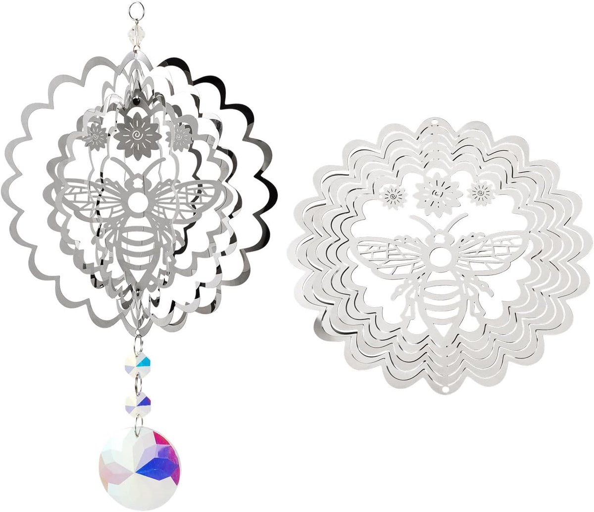 15Cm Zilver Wind Spinner Holle Bloem Bee Wind Spinner Rvs Opknoping Tuin Spinners voor Bestuiver Tuin Natuur Decor