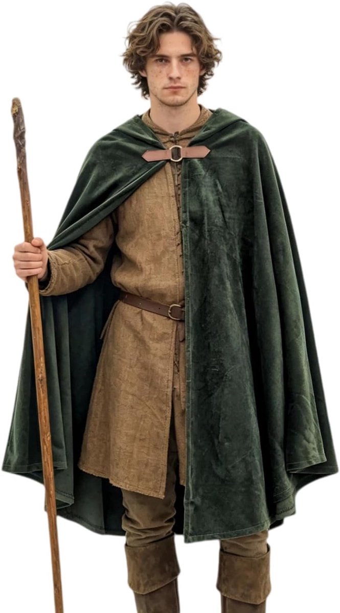 Kasahara Middeleeuwse cape van fluweel, midi, met capuchon, renaissance, kostuum, heren, dames, mantel, tovenaar, fee, vampier, Viking, Halloween, carnaval, LARP, uniseks, volwassenen