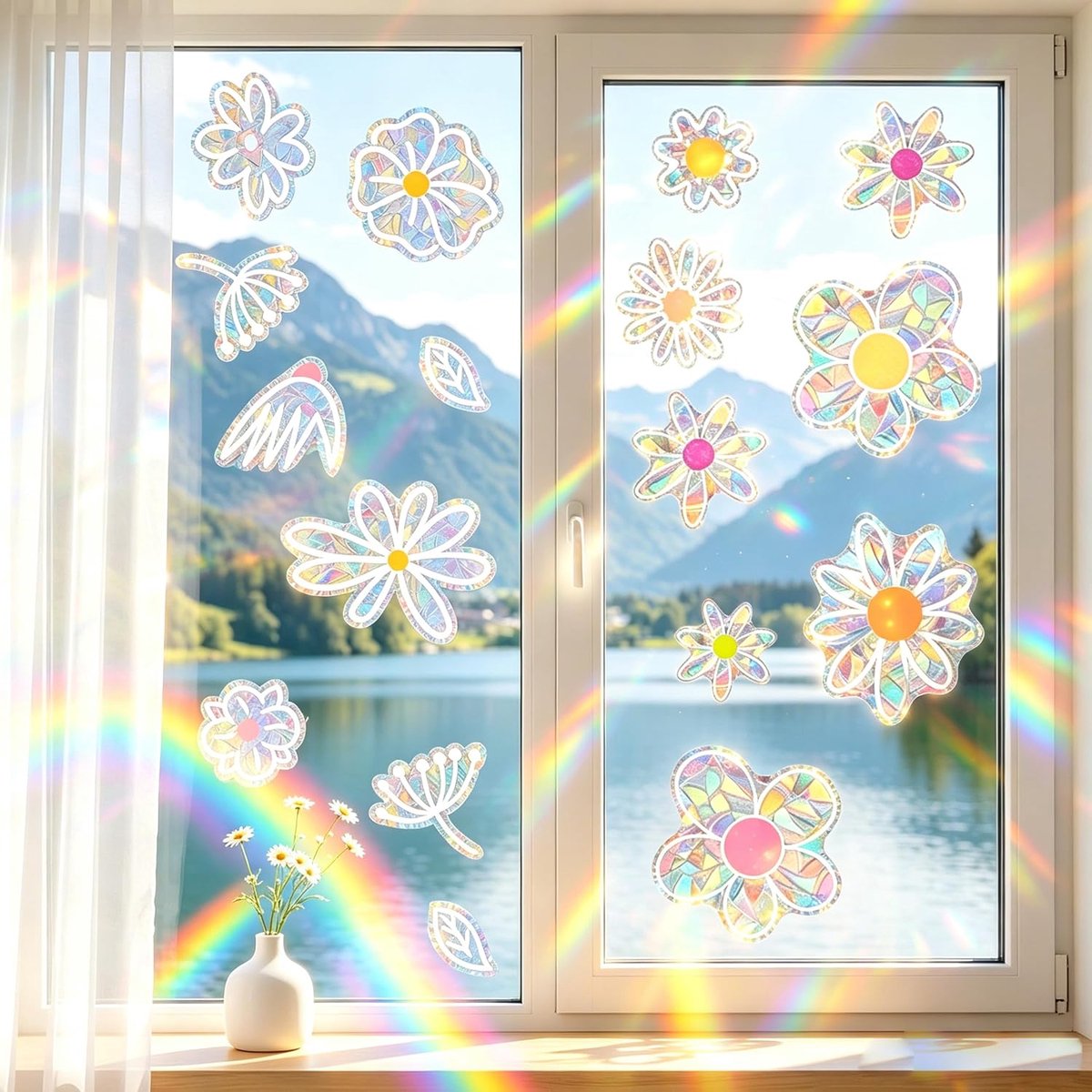 Raamstickers, Prism-raamstickers Veelkleurige, Zelfklevende Raamsticker Raamstickers met Bloemen voor Ramen en Deuren met Regenboogeffect