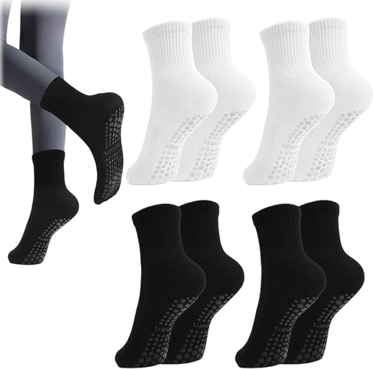 Sokken 4 paar - Grip sokken met siliconen stipjes, yogasokken dames (2 wit + 2 zwart)