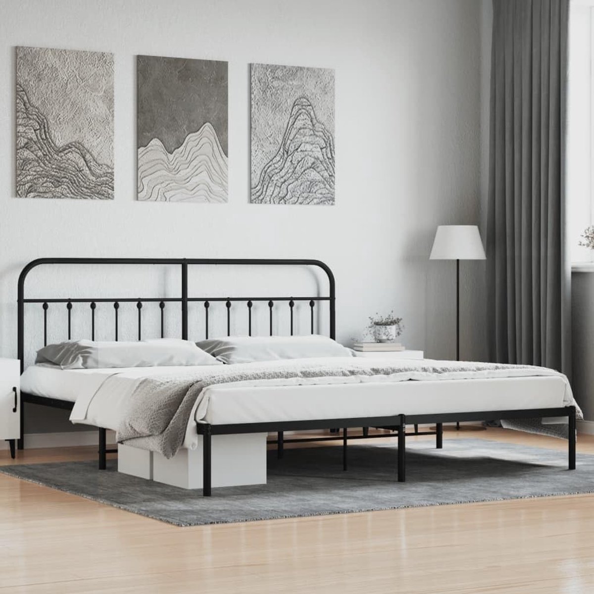 Bedframe met hoofdeinde, metaal, zwart, 200 x 200 cm, bedframe voor woonkamer, hotel, slaapkamer