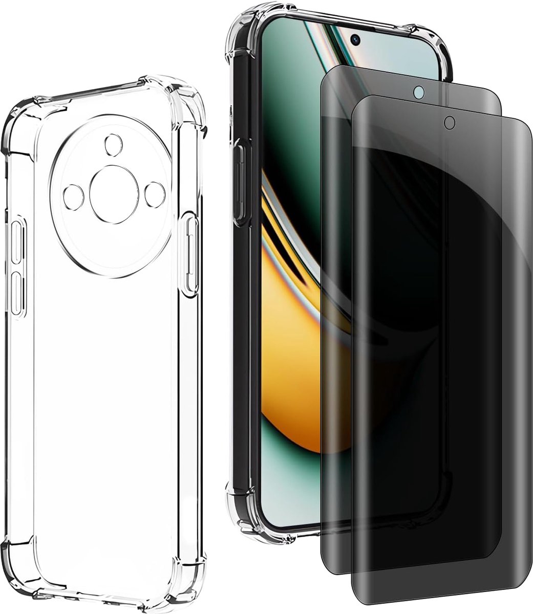 Inkijkbescherming voor Realme 11 Pro+, 1 TPU-hoes met 2 stuks pantserglas, 9H glas, anti-spy folie, transparante siliconen beschermhoes, anti-geel, slank