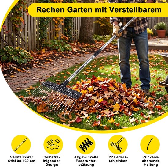 Garden Rake with Adjustable Handle, Wide Garden Rake with 22 Spring Steel Teeth for Lawn, Leaves and Soil, Robust Lawn - ShopVlot — afbeelding 5