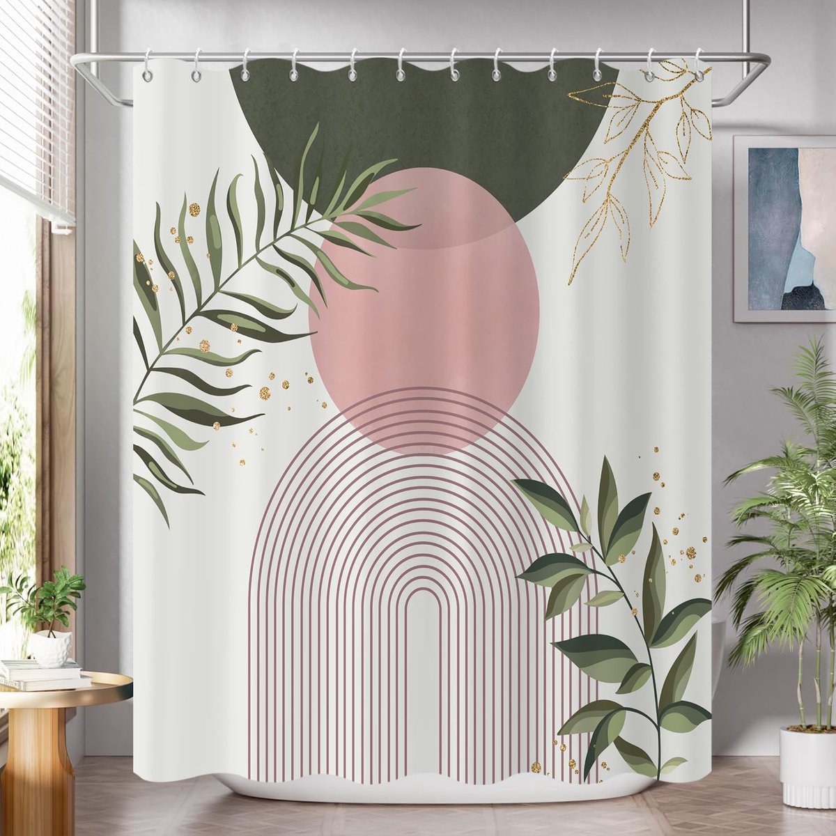 Douchegordijn, 180 x 180 cm, saliegroen, roze, boho, mid, century, modern, abstract, met minimalistisch blad - ShopVlot