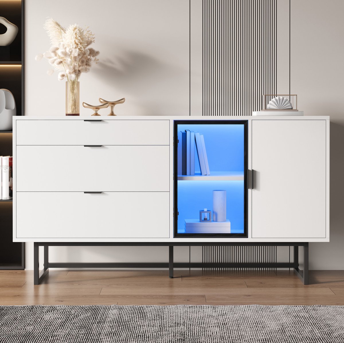 WUVRIE Dressoir 160x36x78 cm - 3 lades, glazen vitrinekast en LED-verlichting - Wit