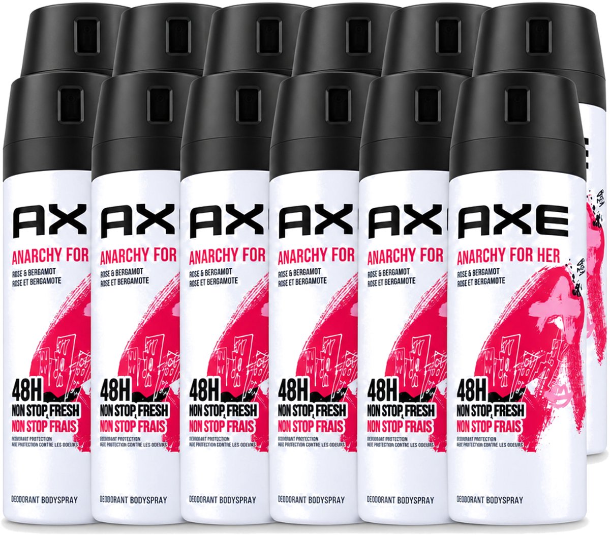 12 x Axe - Deodorant Bodyspray - 48hrs Non Stop Fresh - Anarchy For Her - Rose & Bergamot - 150 ml - Voordeelverpakking - 12 stuks