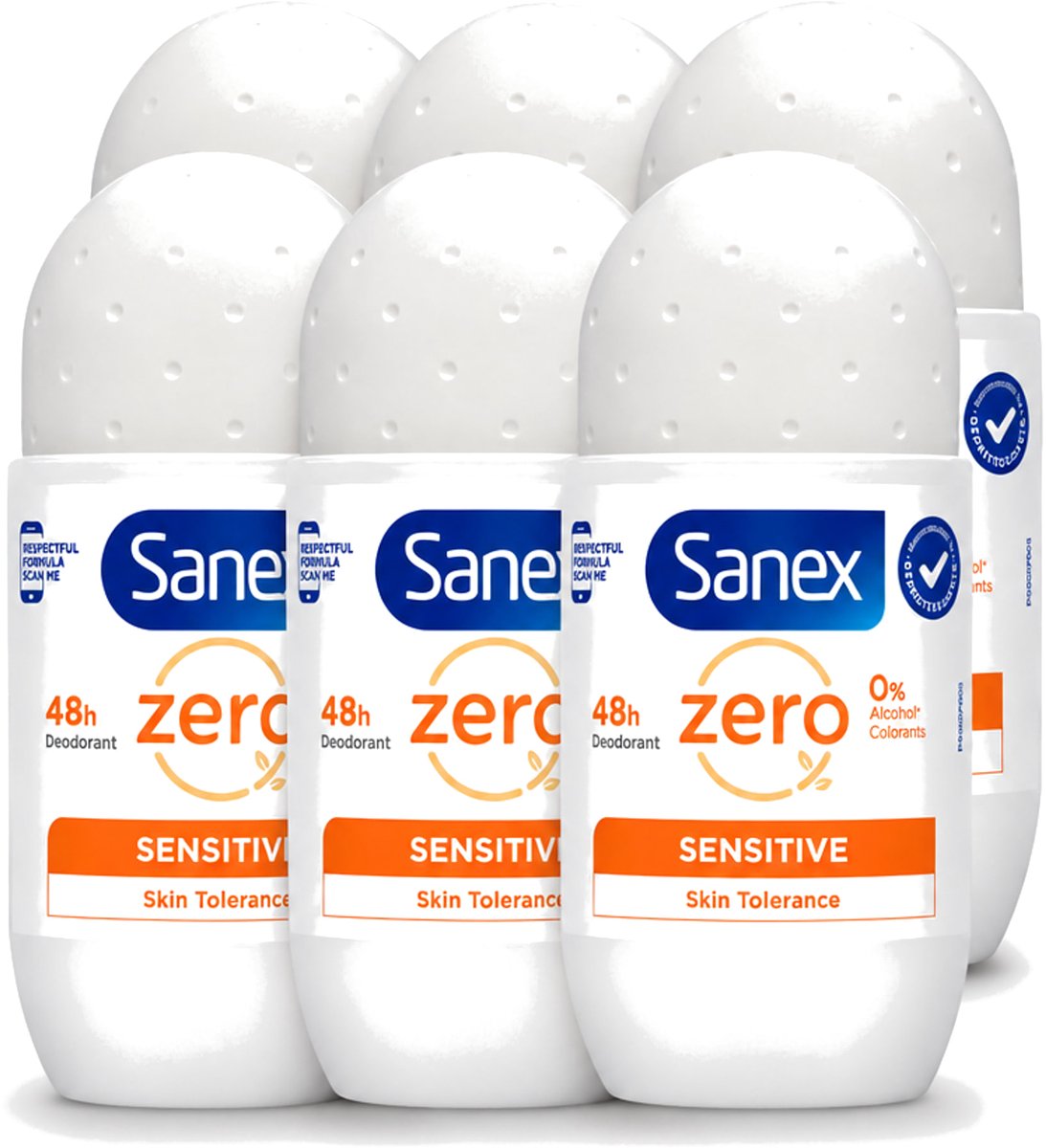 6 x Sanex - Deodorant - Roller - Zero% - Sensitive - Zonder Alcohol & Parabenen - 50 ml - Voordeelverpakking - 6 stuks