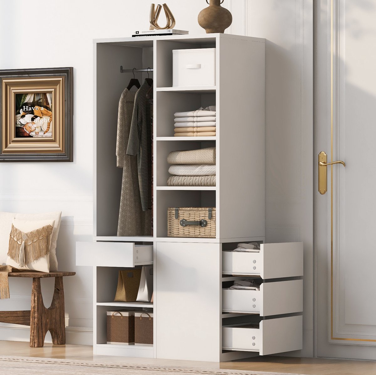OKWISH Kledingkast - Open Kast Met Hanggedeelte, Lades En Planken - Voor Slaapkamer Of Kleedruimte - MDF Wit - 70 x 50 x 170 cm