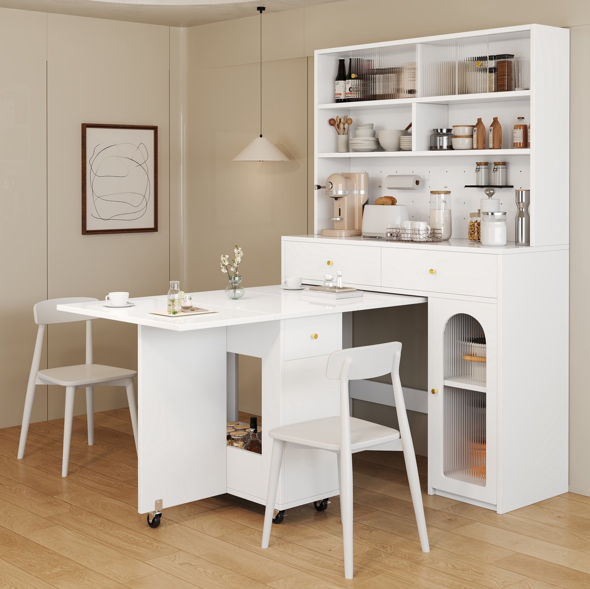 WUVRIE - Keukenkast 120x45x180 cm - Werkblad, 2 lades en verstelbare plank - Wit