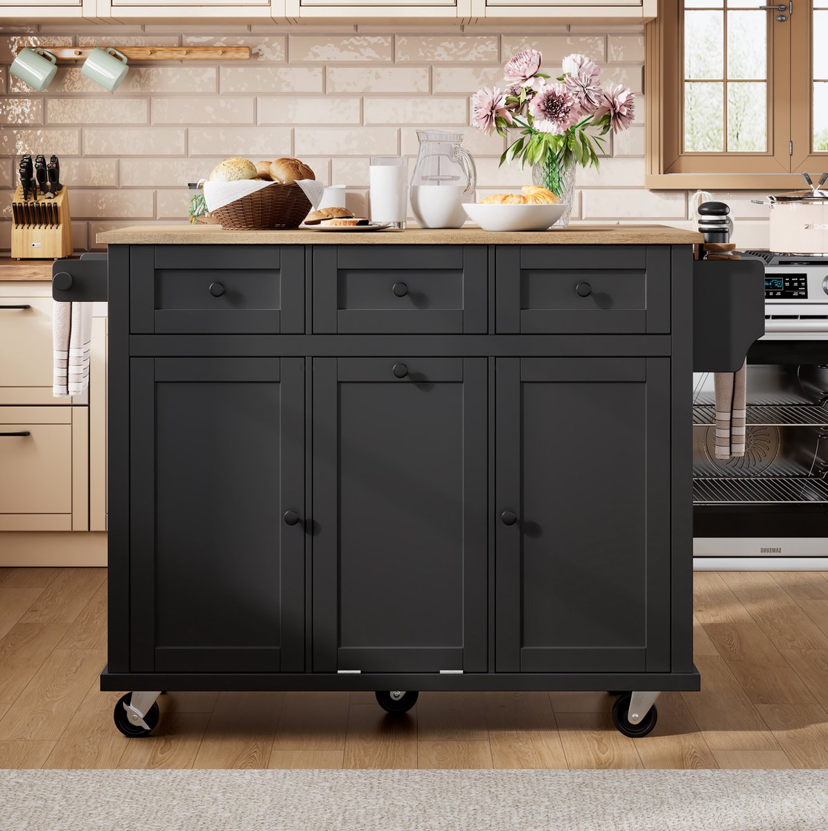 WUVRIE - Mobiele keukeninsel 112 x 46,2-76,2 x 92,7 cm - Uitklapbaar werkblad en opbergruimte - Zwart/naturel