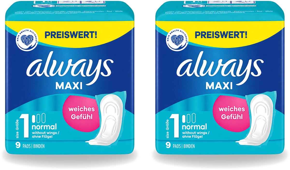 2 x Always Maxi - Maandverband - Maat 1 - Normal - 9 Pads - Voordeelverpakking - 2 stuks