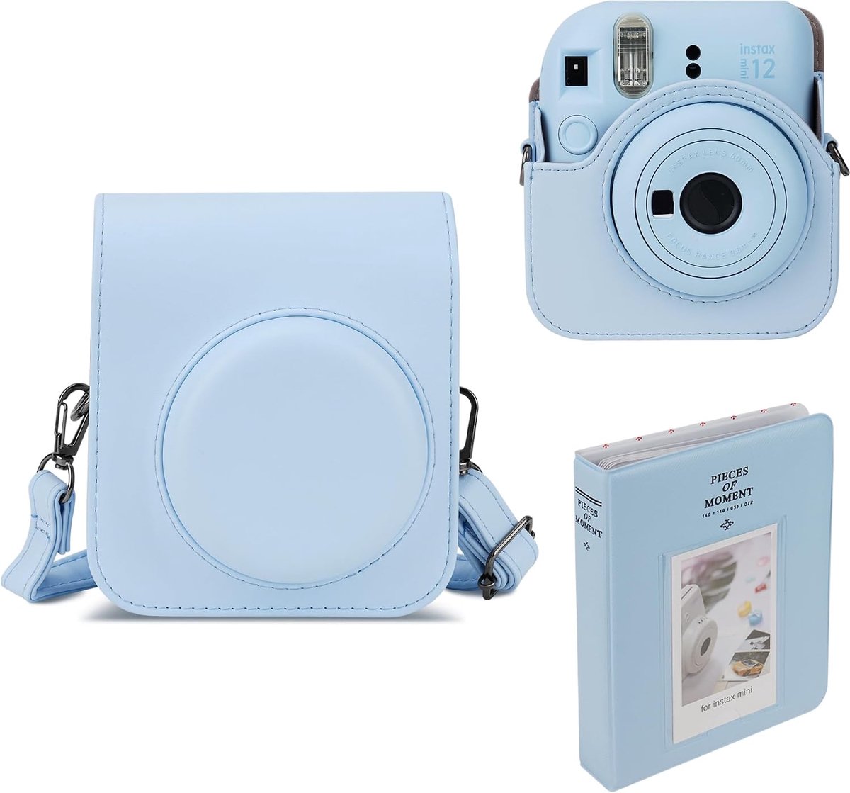 Camera case 64 compartimenten - PU leer - blauwe schoudertas - perfecte bescherming voor Instax Mini 12 - ShopVlot