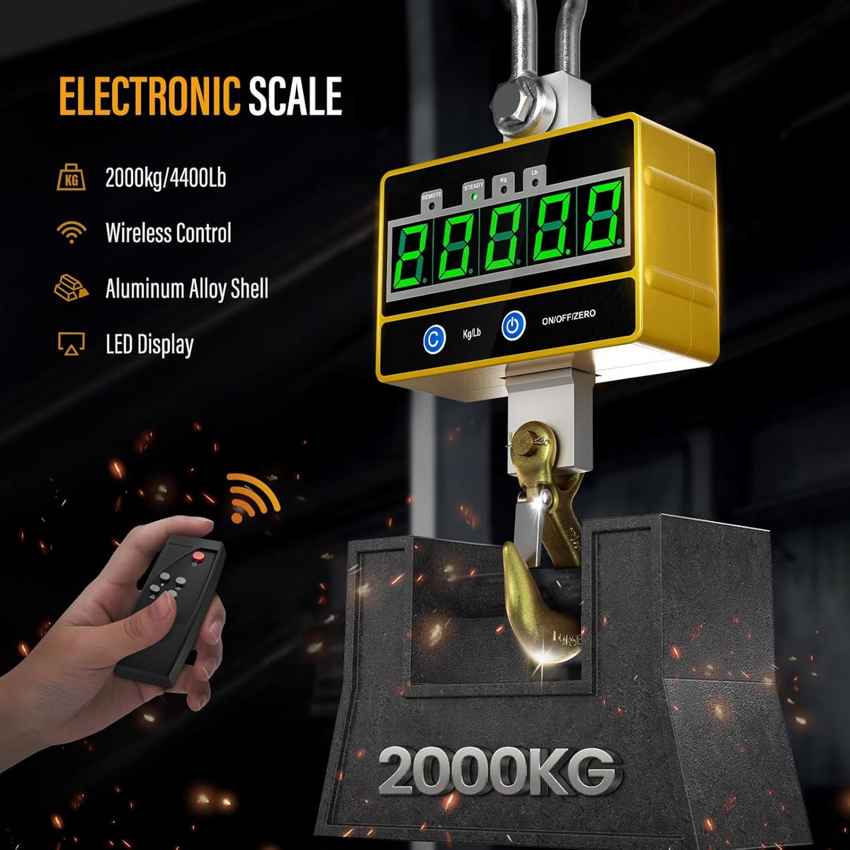 Crane Scale 2T Crane Scale LED Display High-Precision Industrial Hanging Scales with Remote Control for Precision - ShopVlot