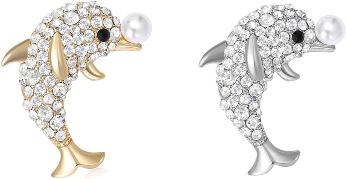 2 pieces dolphin brooch gold and silver with pearls - ShopVlot