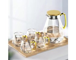 DUJUST 2 litre glass jug with 4 cups and 1 bamboo tray, glass jug in modern diamond design, decoration for living room, very durable glass carafe, hot