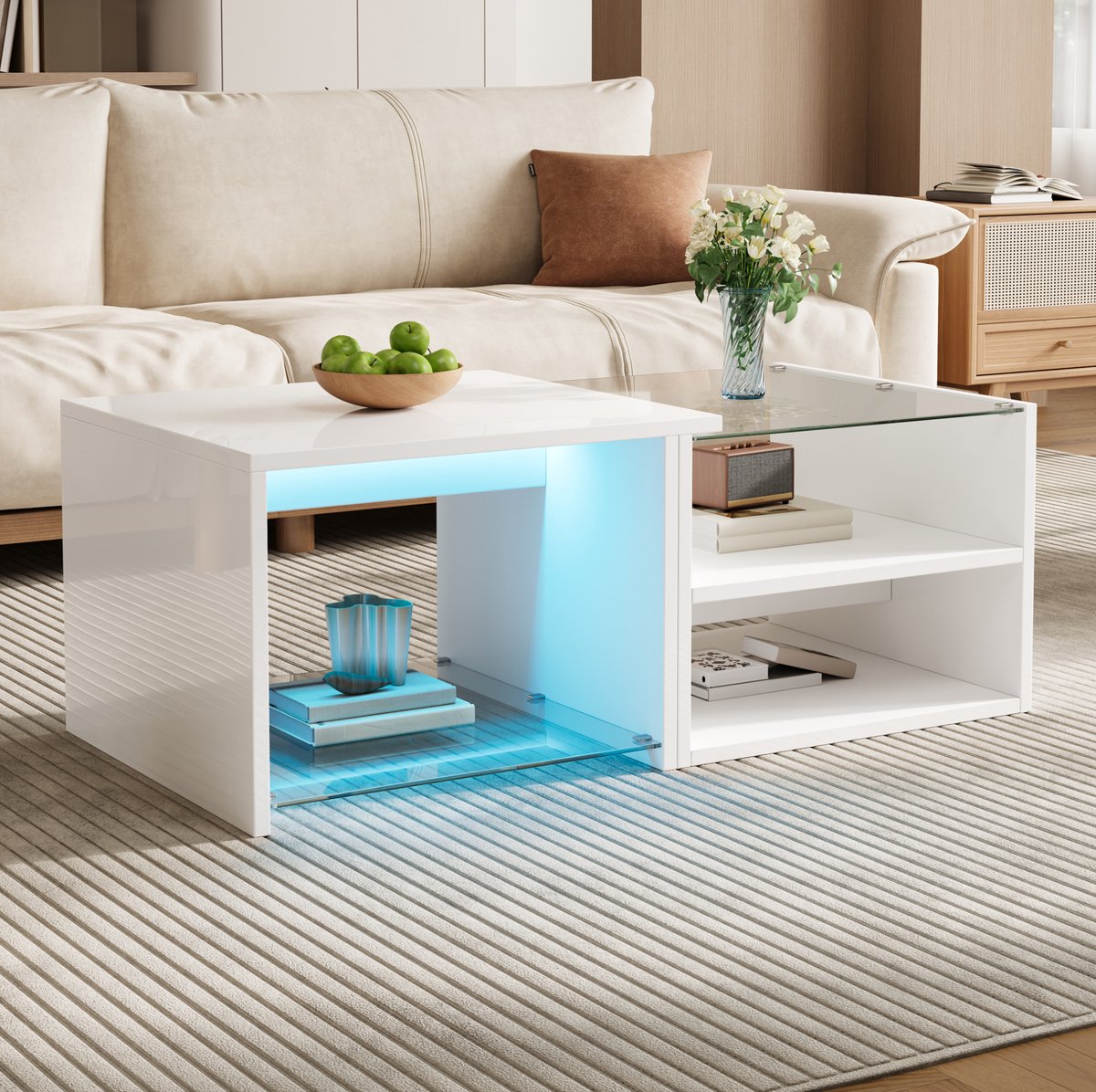 STILVORA Salontafel - Hoogglans Blad, Glasplaat en Appgestuurde Ledverlichting - Open Vakken voor de Woonkamer - Spaanplaat - 100 x 50 x 38 cm - Wit