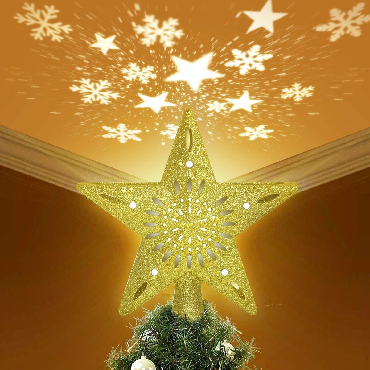Verlichte LED Roterende Witte Sneeuwvlok Projector 3D Glitter Gouden Ster Boom voor Kerstboom Decoraties Vakantie Party