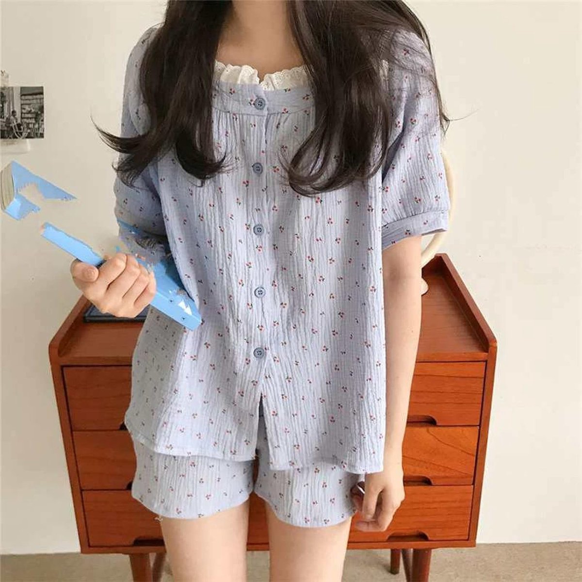 Pyjama Set Met Ronde Hals En Kant - Zomer Zoete Kersenprint Kanten Rand Nachtkleding Tweedelige Set, Behaaglijke Katoenen Short Met Korte Mouwen Losse Loungewear Homewear Set,Blauw,One Size