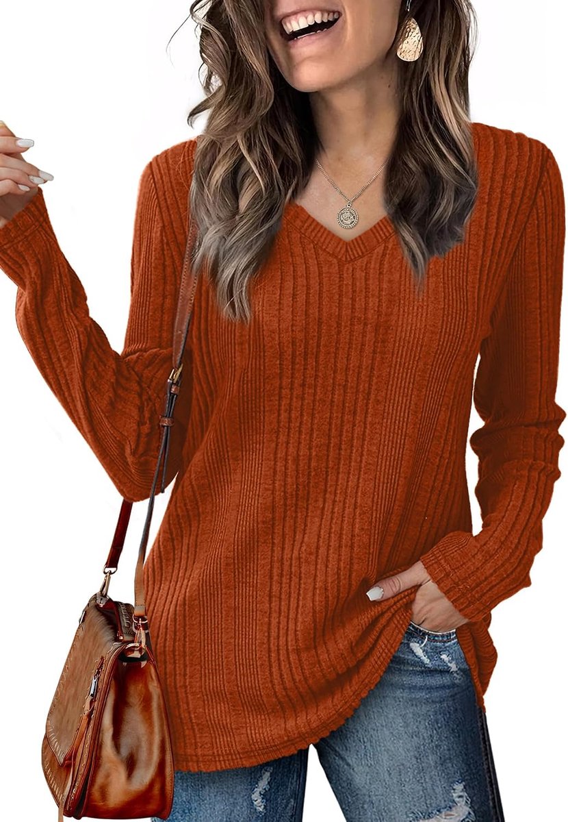 Dames V-hals lange mouwen sweatshirt licht effen bovendeel basic gebreide trui herfst winter lente