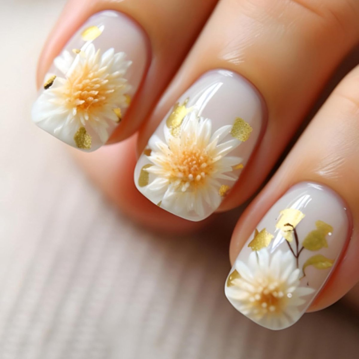24 stuks gele bloemennagels, kort, vierkant, wit, Franse nagels, natuurlijke nude press-on nagels, volledige dekking, acryl, voor vrouwen en meisjes