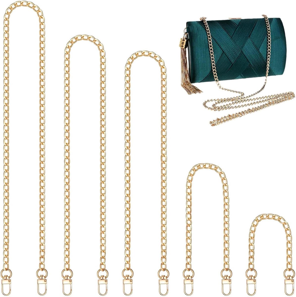 Kettingen met gespen, 40 cm, 60 cm, 80 cm, 100 cm en 120 cm, metalen kettingen, schouderriemen in goud, reserveketting voor hand- en schoudertassen