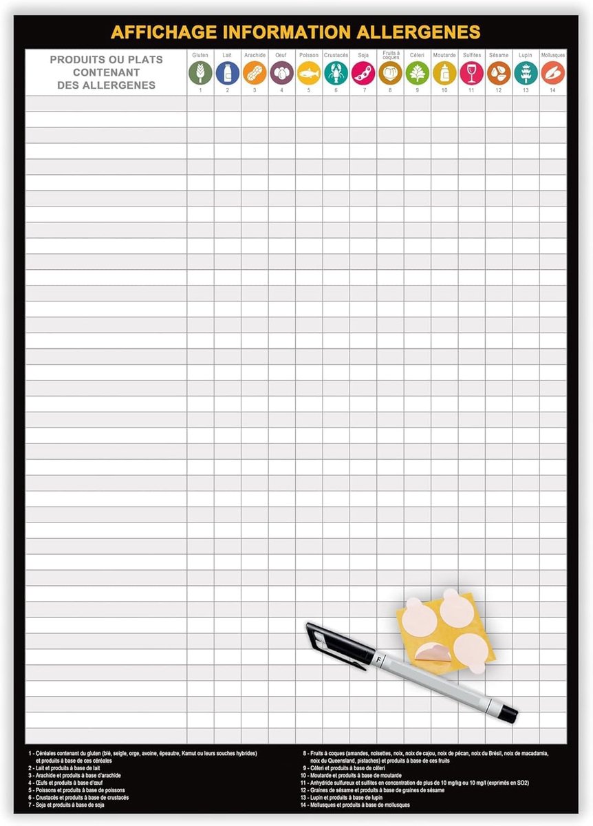 Reclamebord voor allergenen restaurant - Verplichte verklaring van allergenen in gerechten of menu's - A3 gelamineerd uitwisbaar (42 x 29,7 cm) + vilt + kleefpunten