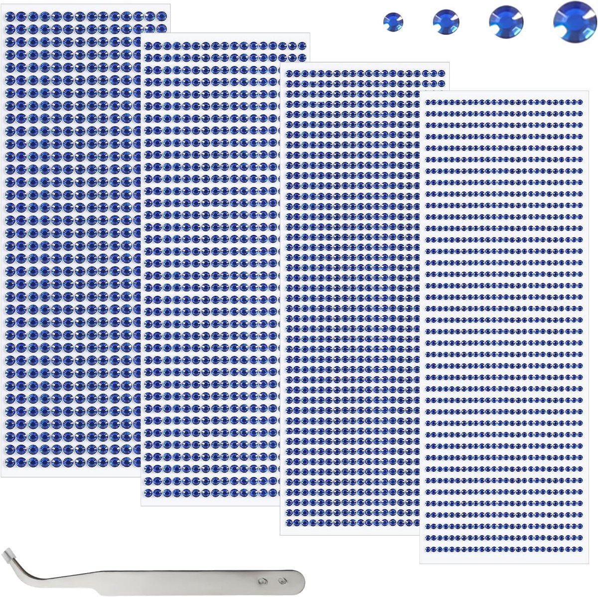 3090 stuks glittersteentjes, zelfklevend, 3/4/5/6 mm, zelfklevende ronde glittersteentjes om te knutselen, strassteentjes om te plakken, met 1 pincet voor handwerk, nagels, blauw