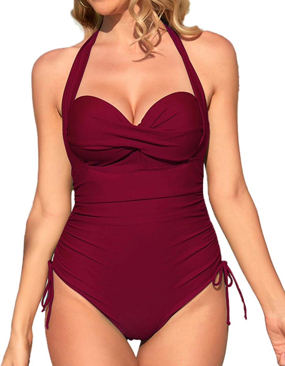 Badpak voor dames, push-up, buikweg-figuurcorrigerend badpak voor dames, eendelige badmode, retro nekhouder