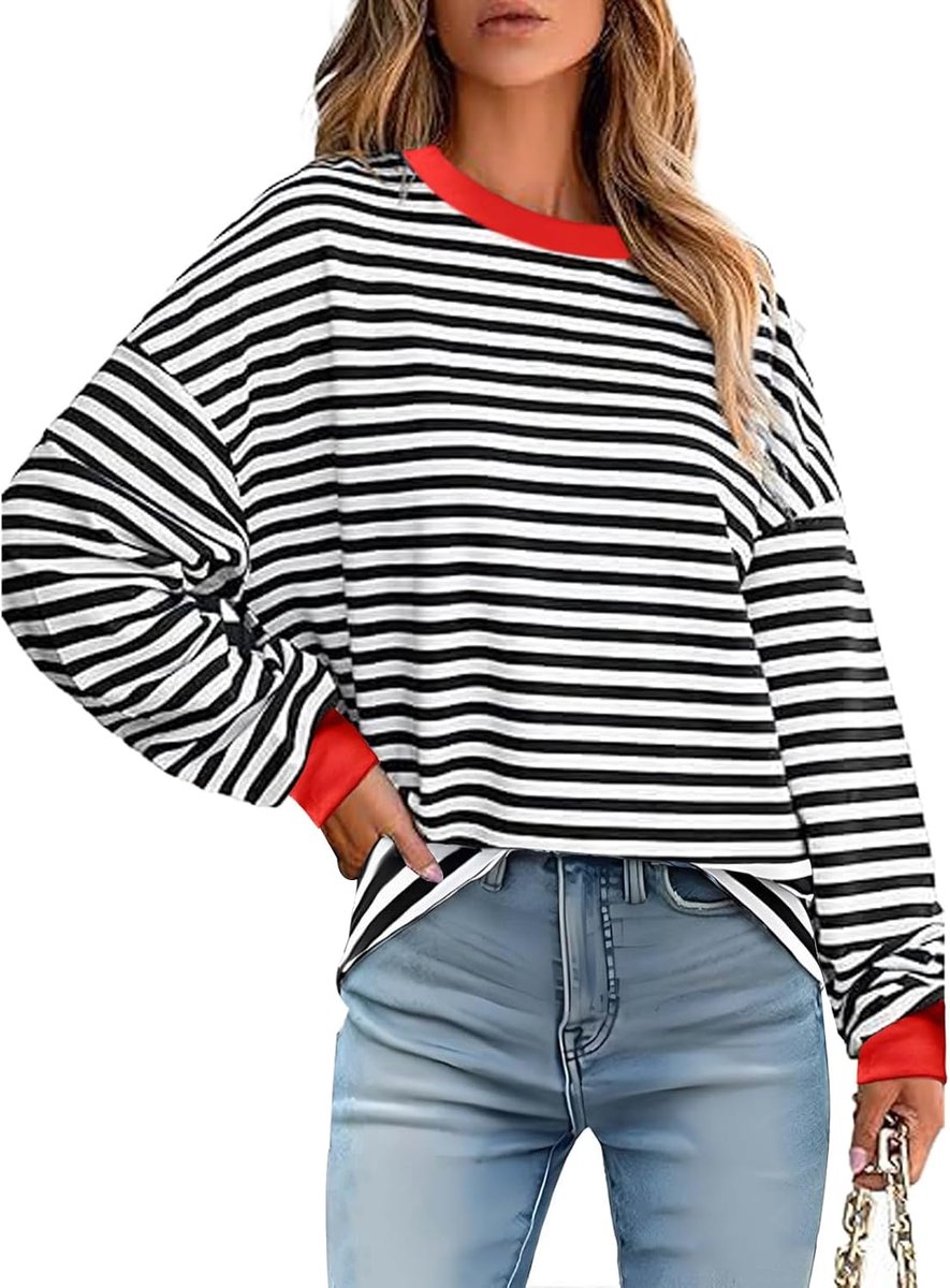 Sweatshirt met ronde hals voor dames, oversized, casual, strepen, lange mouwen, top, Y2K, lange sporttrui, top, winter, sweatshirt