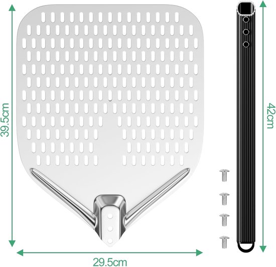 Geperforeerde pizzaschep, pizzaspatel van geanodiseerd aluminium met afneembaar houten handvat, 40 cm, vierkante pizzapaddle, pizzaplank voor het optillen van pizza en gebak — afbeelding 2
